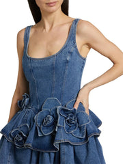 Ruffled Layered Scoop Neck Denim Dress