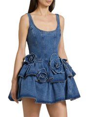 Ruffled Layered Scoop Neck Denim Dress