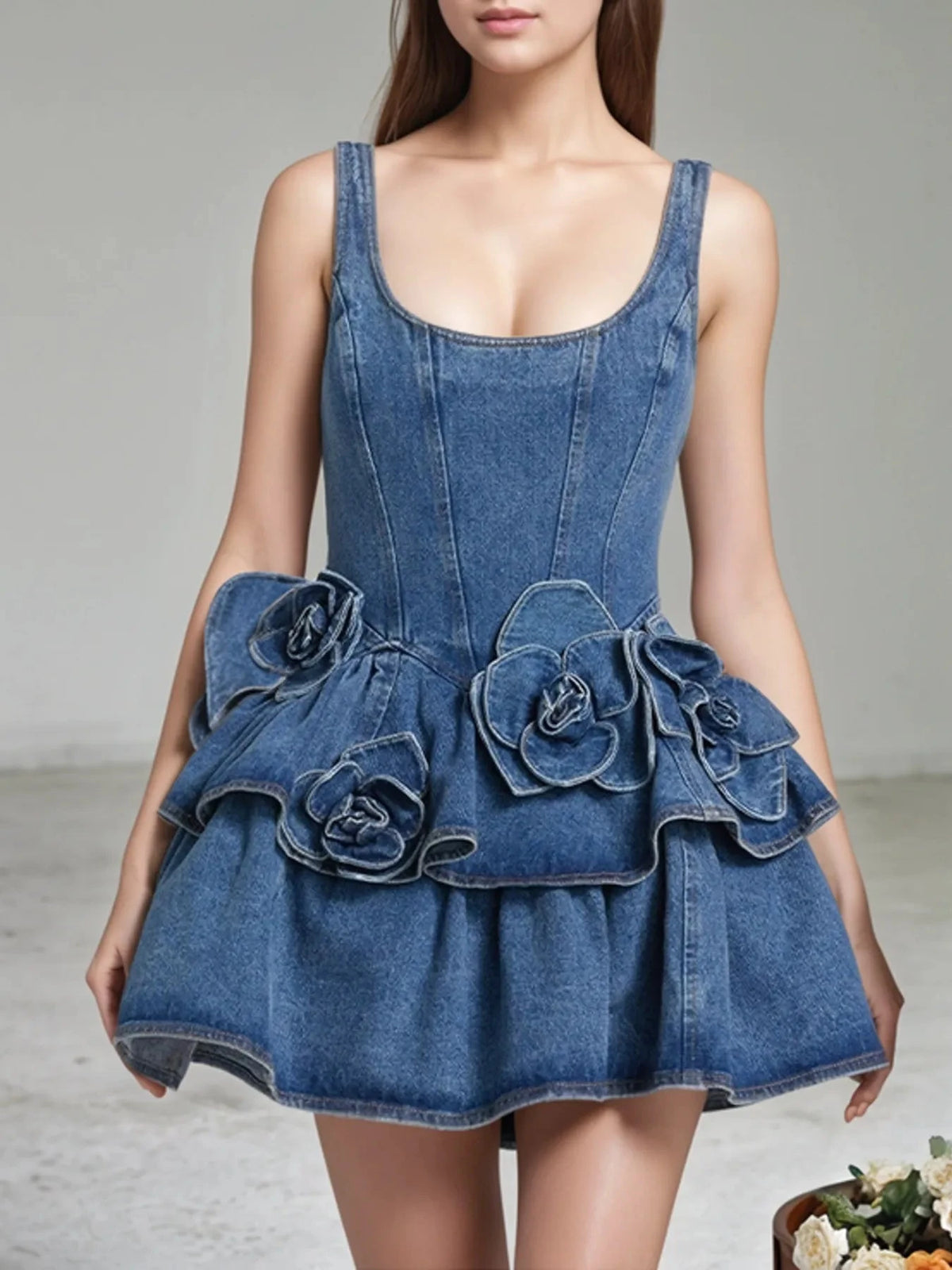 Ruffled Layered Scoop Neck Denim Dress Navy / S