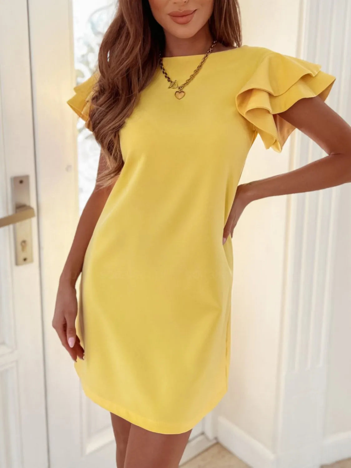 Ruffled Layered Short Sleeve Mini Dress Yellow / S