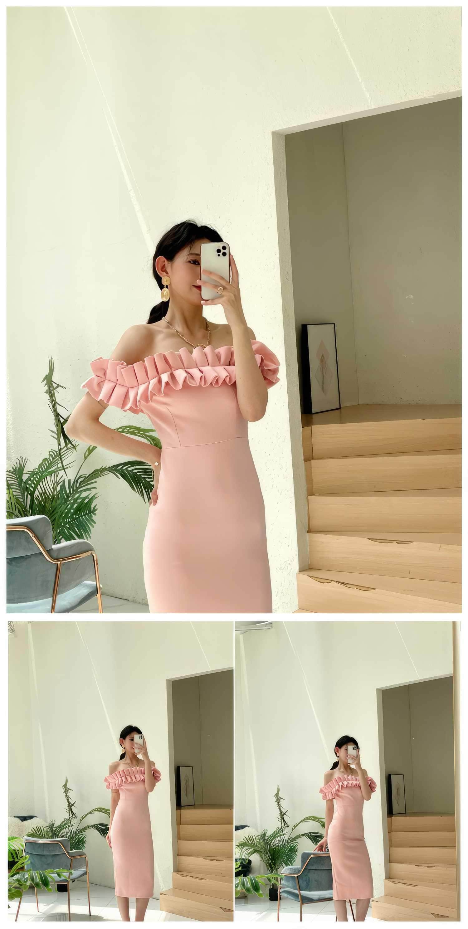 Ruffled Off-Shoulder Bodycon Midi Dress