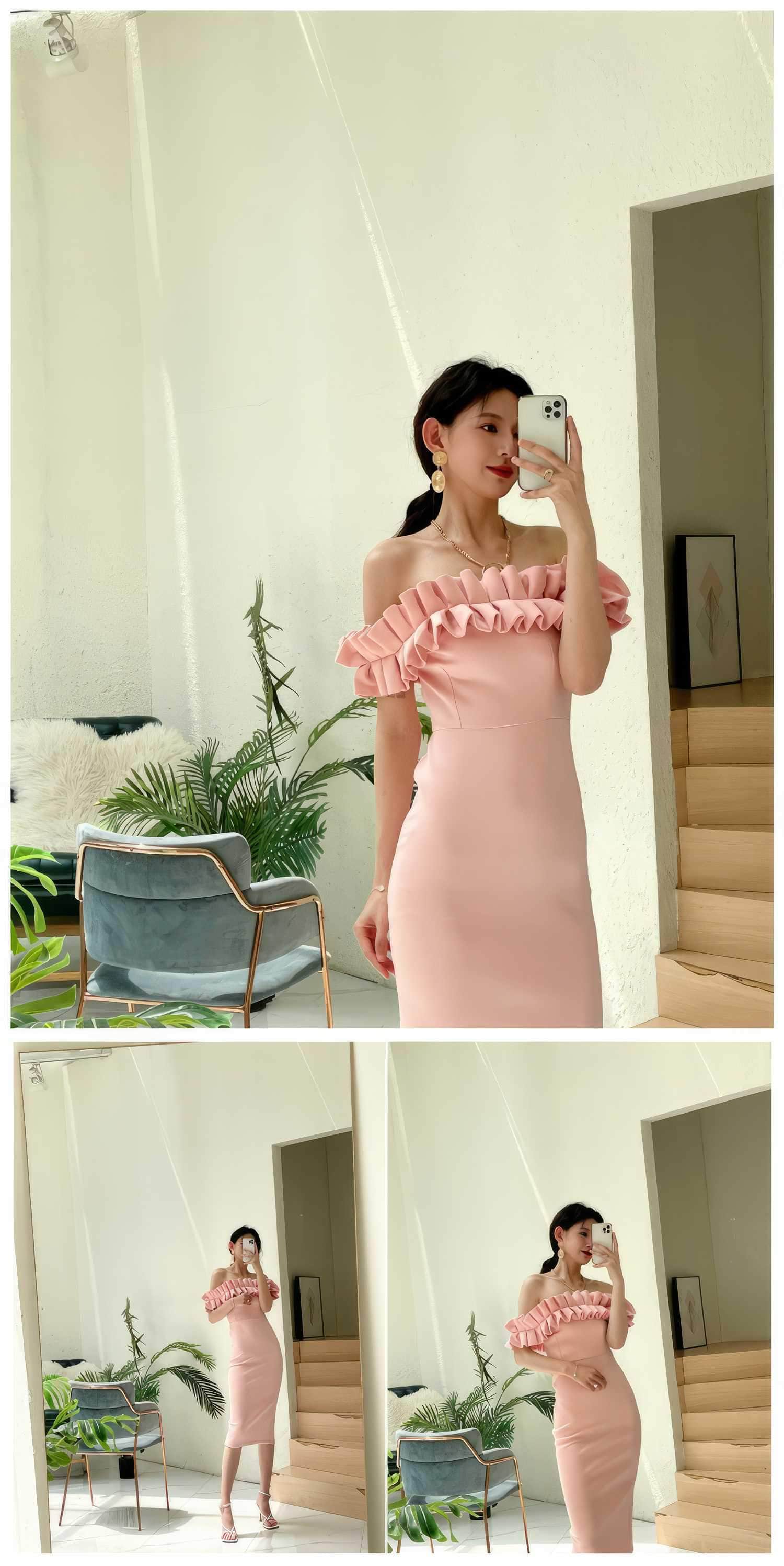 Ruffled Off-Shoulder Bodycon Midi Dress