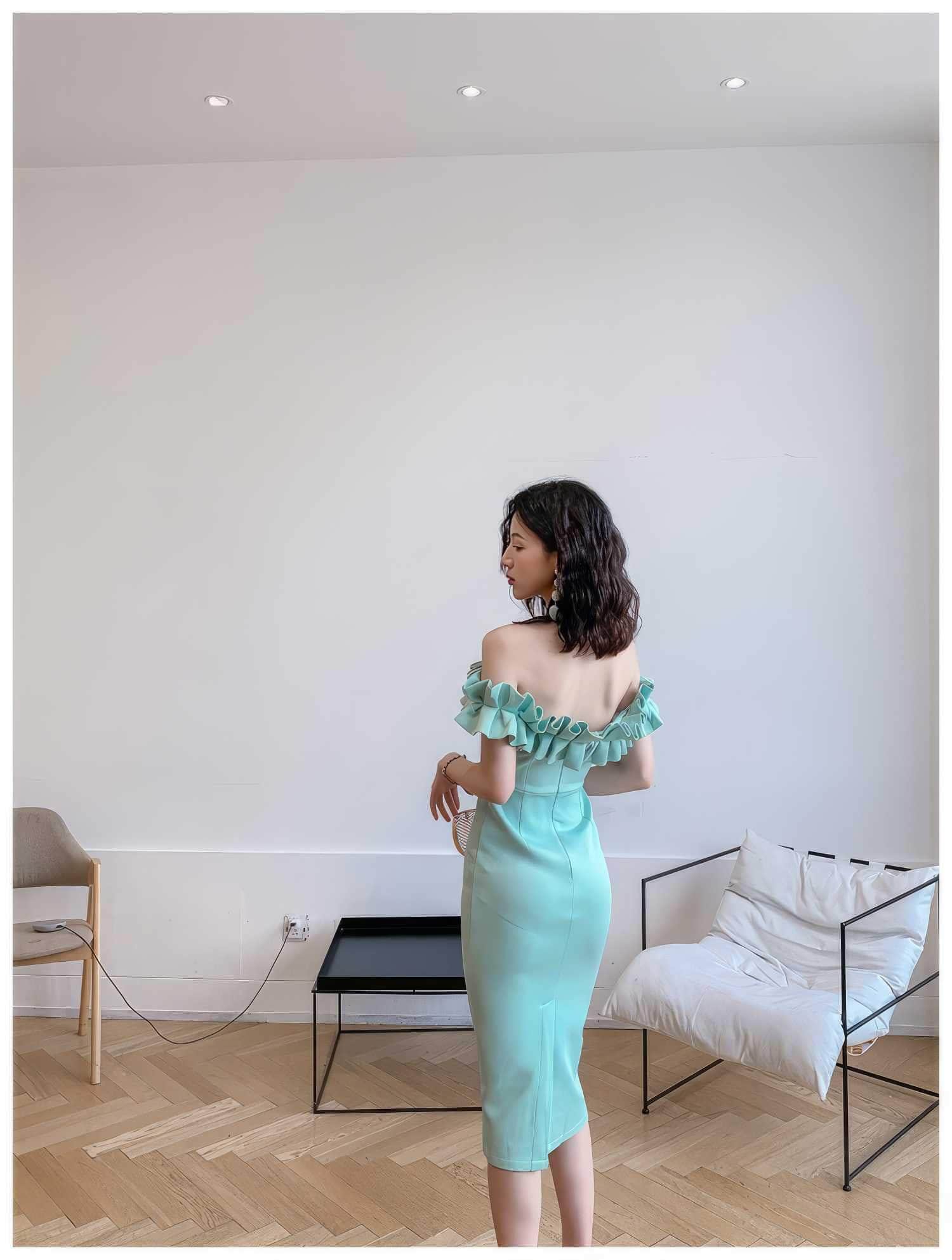 Ruffled Off-Shoulder Bodycon Midi Dress