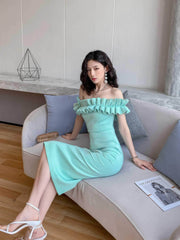 Ruffled Off-Shoulder Bodycon Midi Dress
