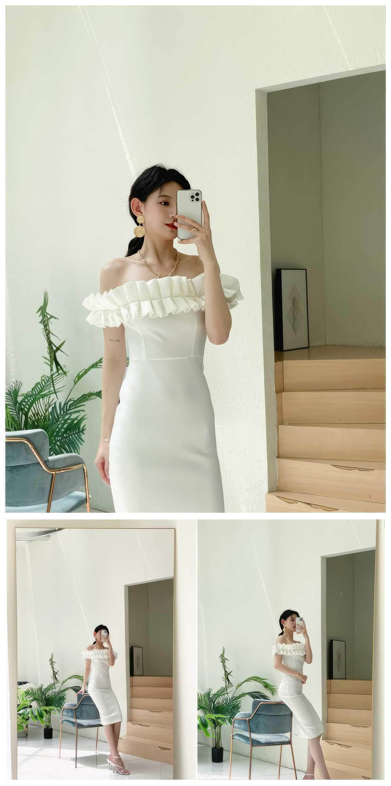 Ruffled Off-Shoulder Bodycon Midi Dress