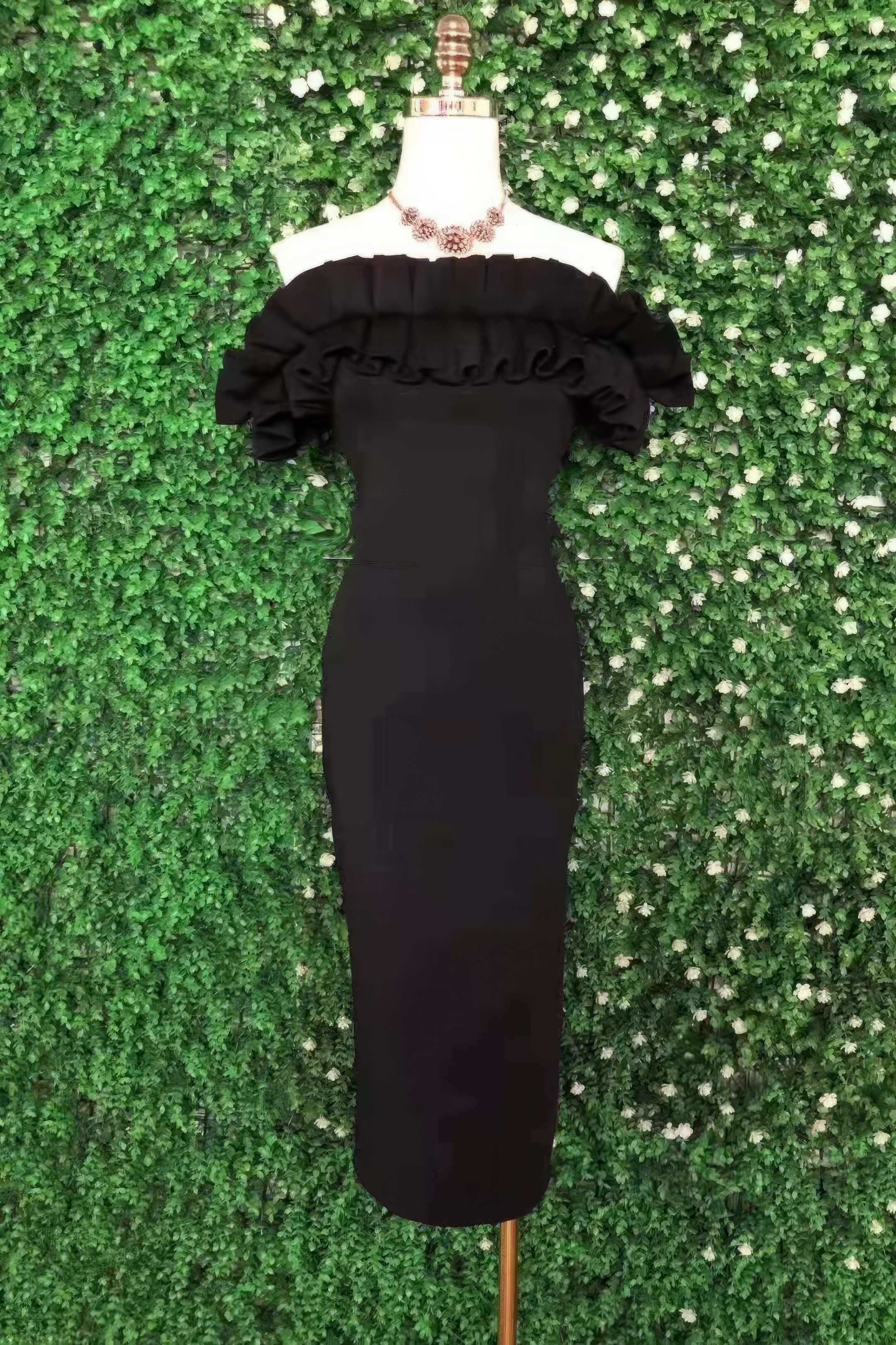 Ruffled Off-Shoulder Bodycon Midi Dress S / Black