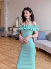 Ruffled Off-Shoulder Bodycon Midi Dress S / Blue