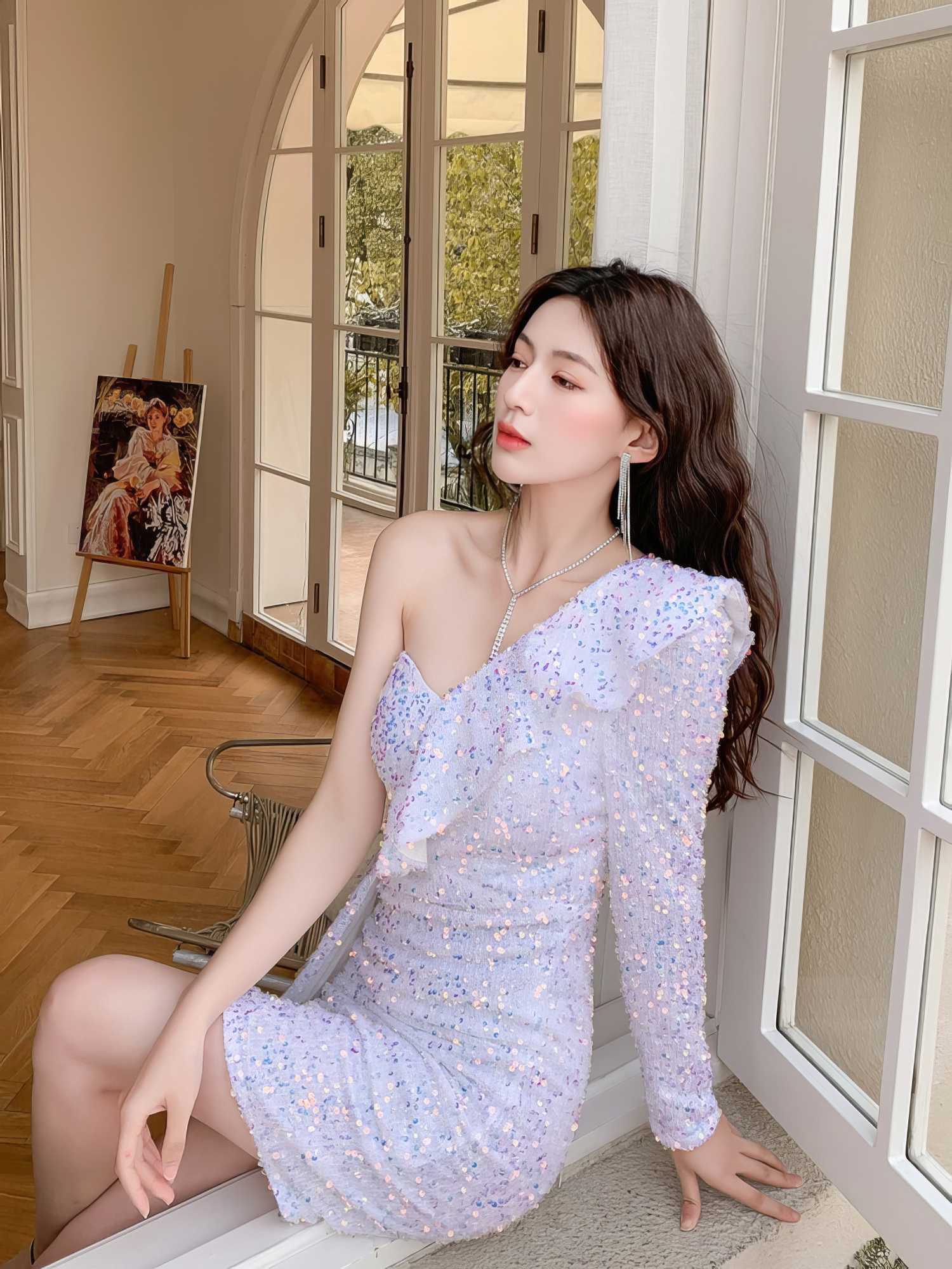 Ruffled One-Shoulder Sequin Peplum Mini Dress