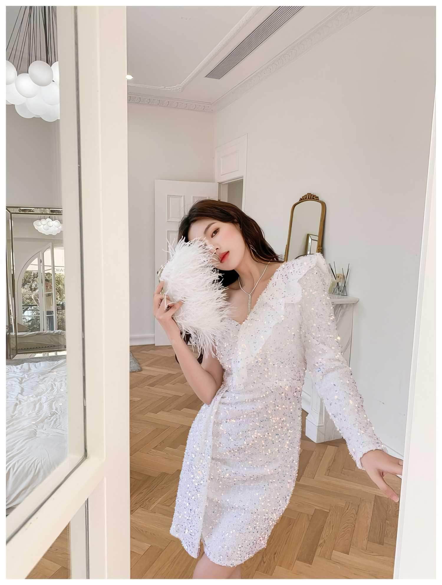 Ruffled One-Shoulder Sequin Peplum Mini Dress