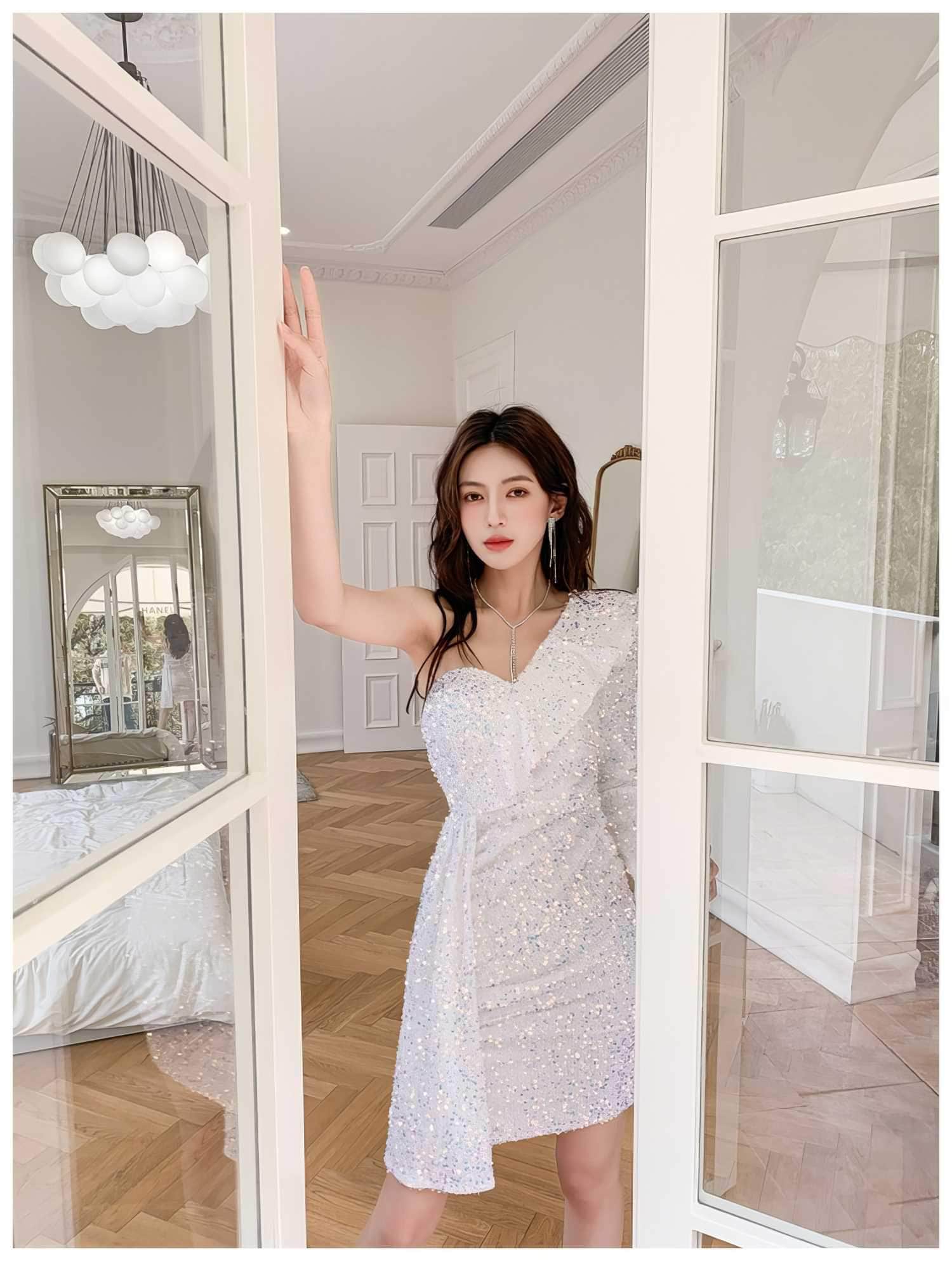 Ruffled One-Shoulder Sequin Peplum Mini Dress
