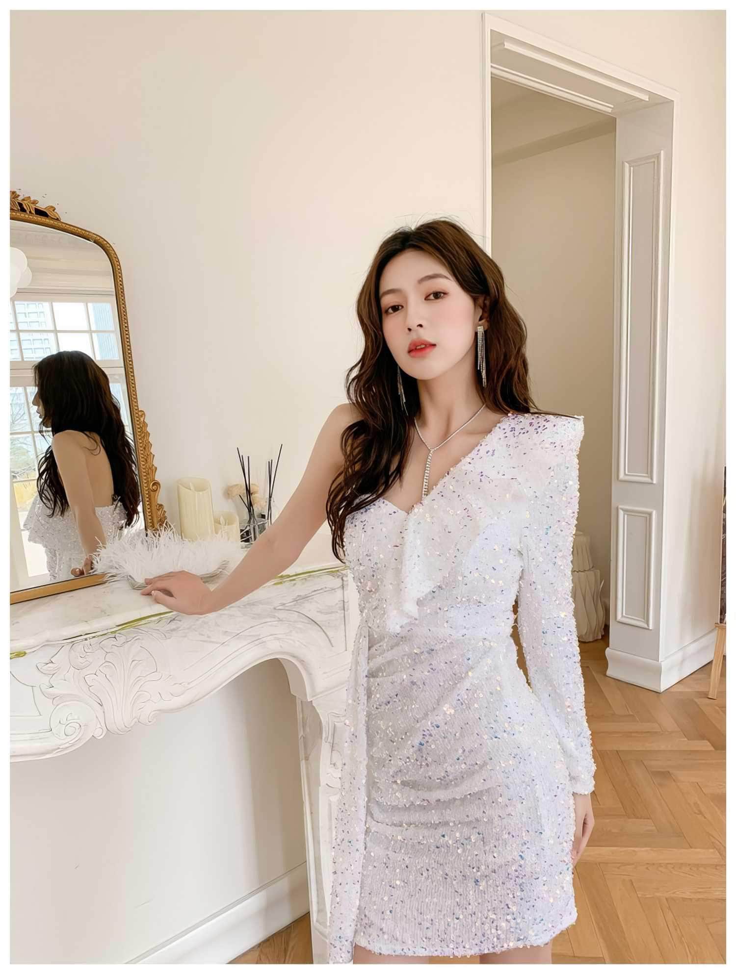 Ruffled One-Shoulder Sequin Peplum Mini Dress