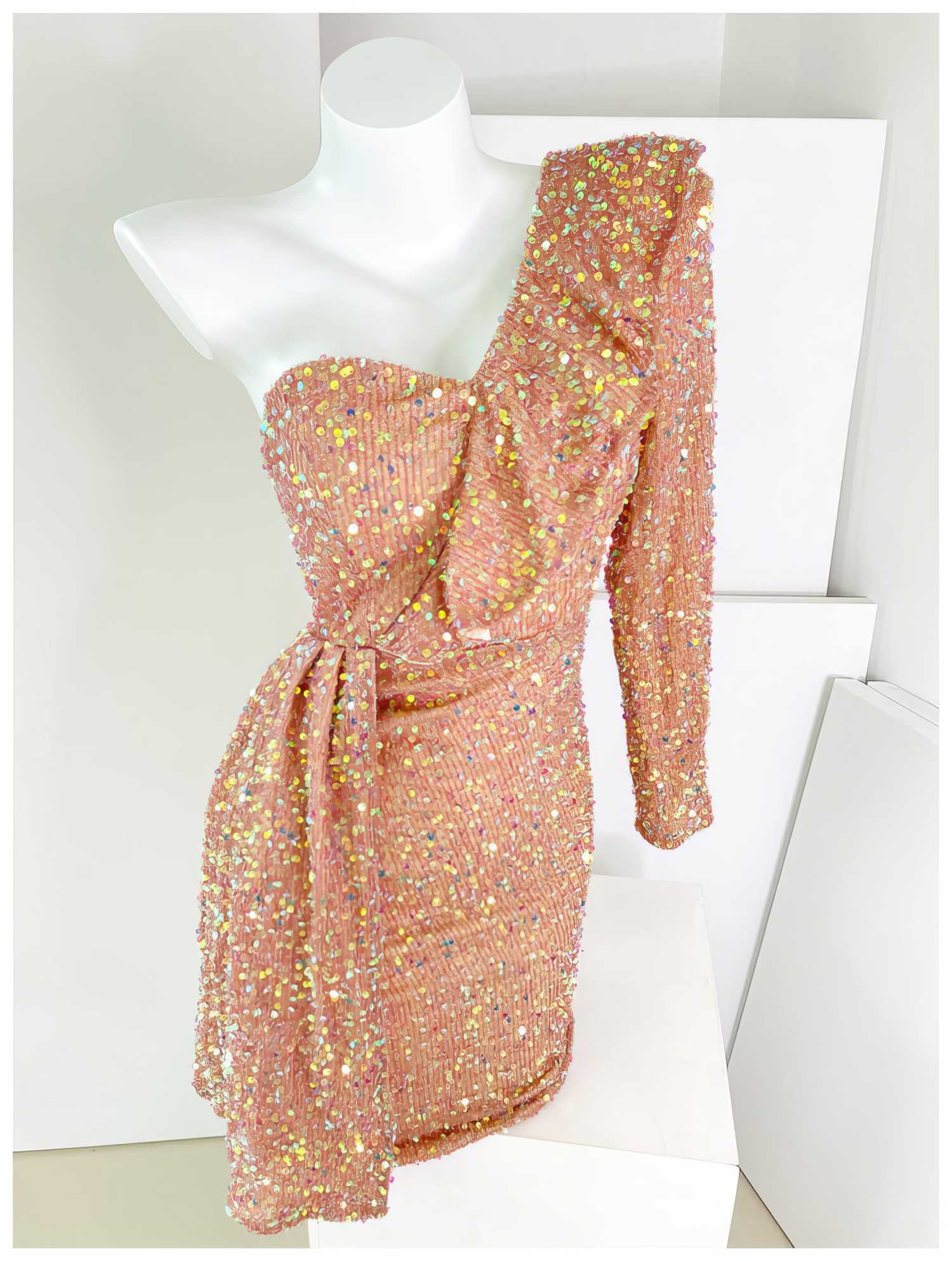 Ruffled One-Shoulder Sequin Peplum Mini Dress S / Coral