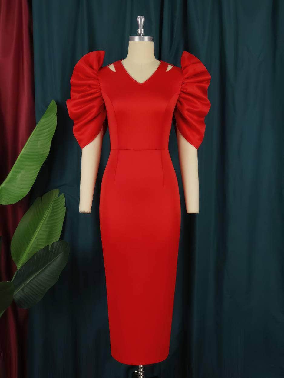 Ruffled Pleated Sleeves Slim Fit Column Dress