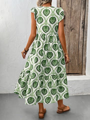 Ruffled Printed V-Neck Cap Sleeve Dress