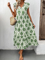 Ruffled Printed V-Neck Cap Sleeve Dress Green / S
