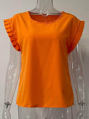 Ruffled Round Neck Cap Sleeve Blouse