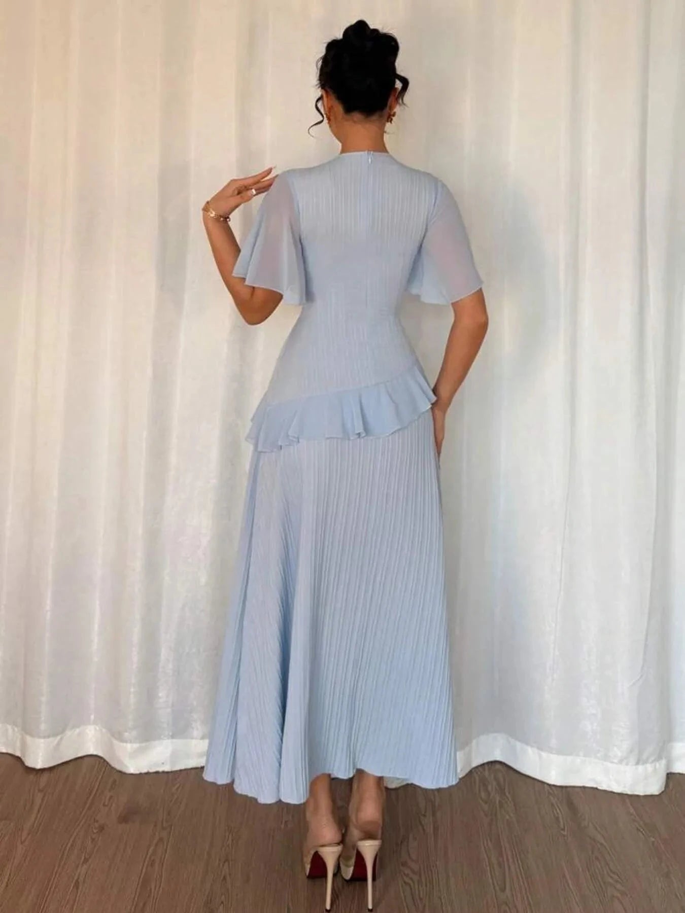 Ruffled Round Neck Flutter Sleeve Dress