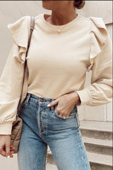 Ruffled Round Neck Long Sleeve Blouse Cream / S