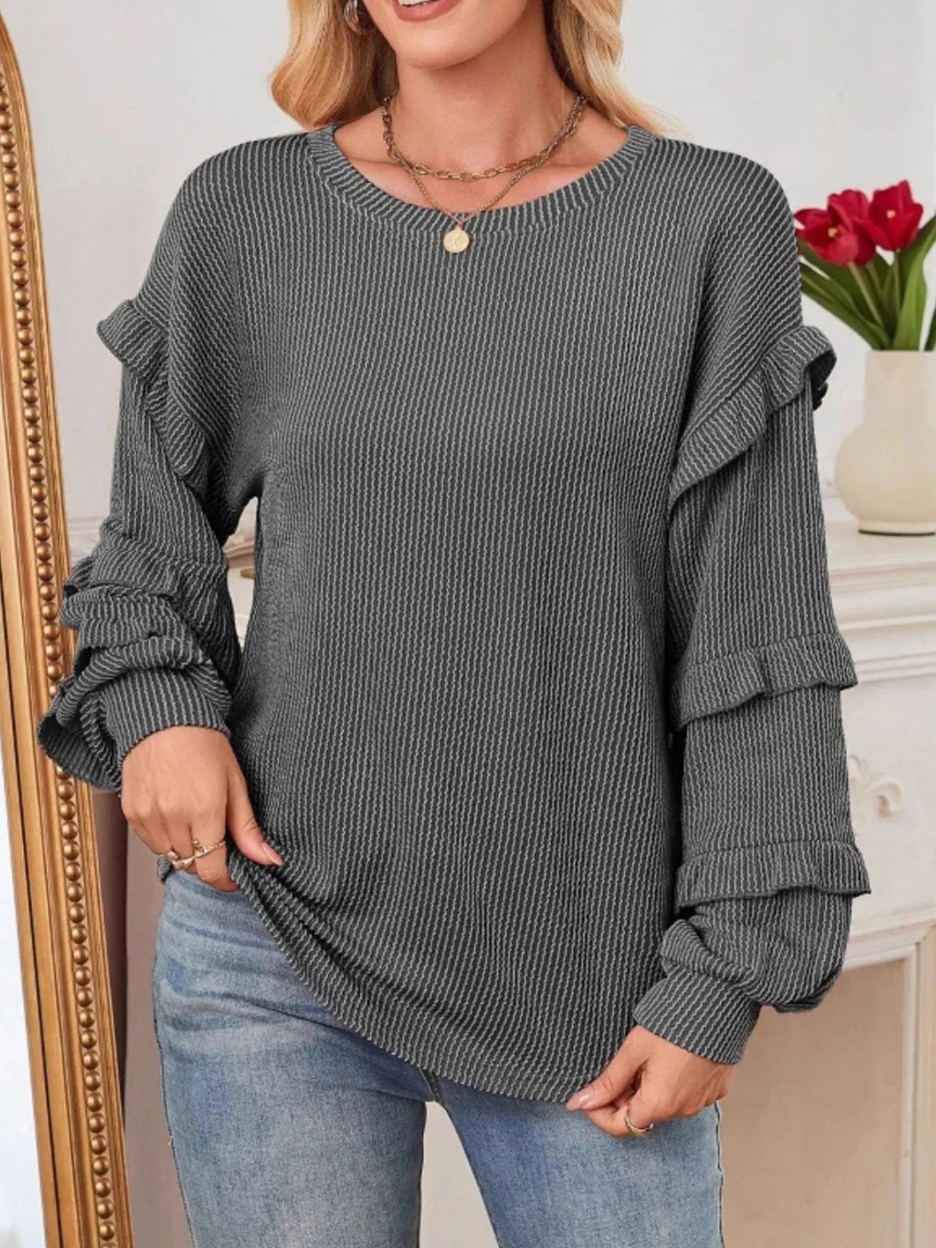 Ruffled Round Neck Long Sleeve Sweatshirt