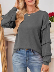 Ruffled Round Neck Long Sleeve Sweatshirt