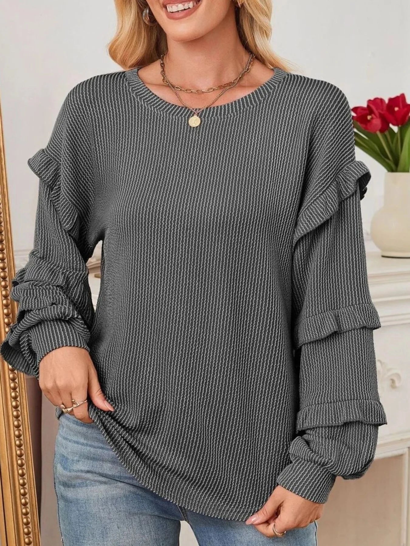 Ruffled Round Neck Long Sleeve Sweatshirt