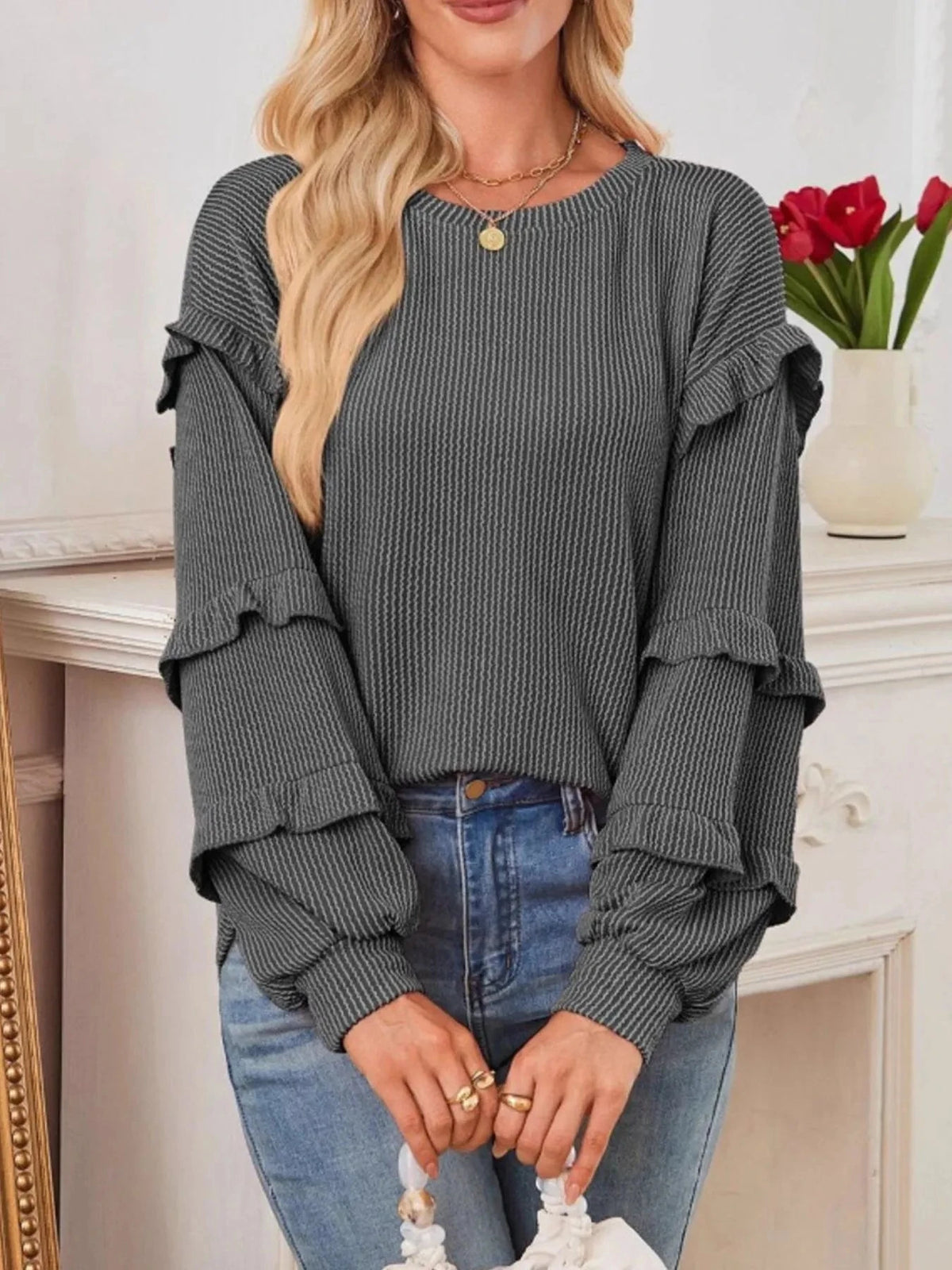 Ruffled Round Neck Long Sleeve Sweatshirt Black / S