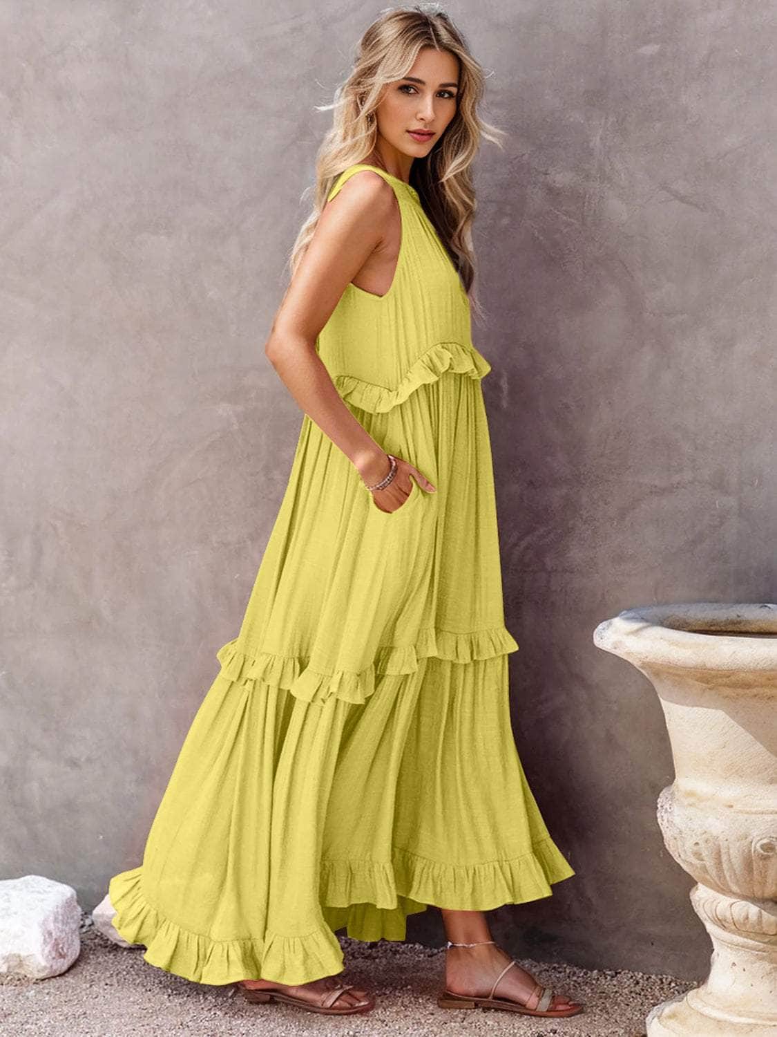 Ruffled Sleeveless Tiered Maxi Dress with Pockets Chartreuse / S