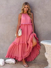 Ruffled Sleeveless Tiered Maxi Dress with Pockets Watermelon pink / S