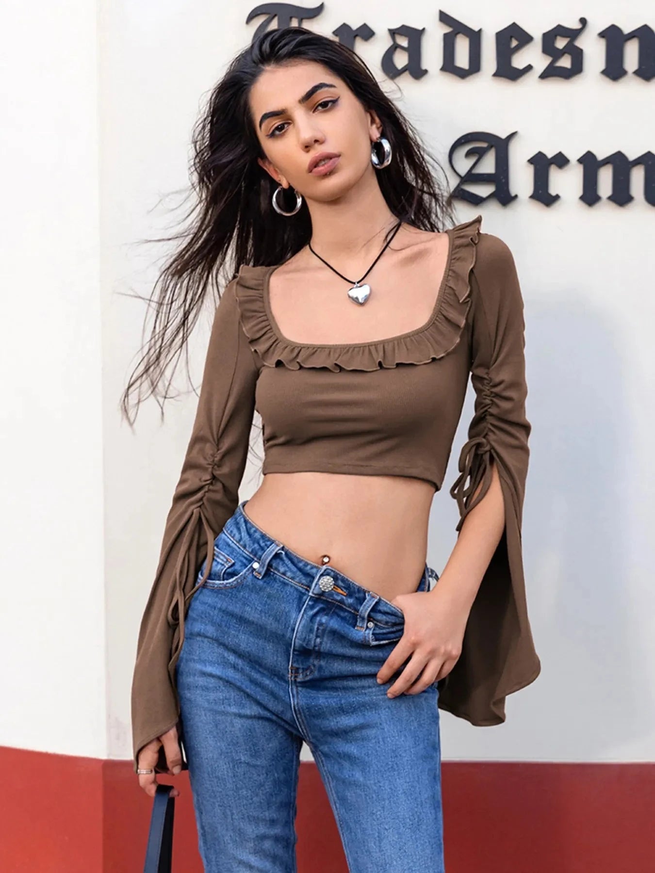 Ruffled Square Neck Long Sleeve Top