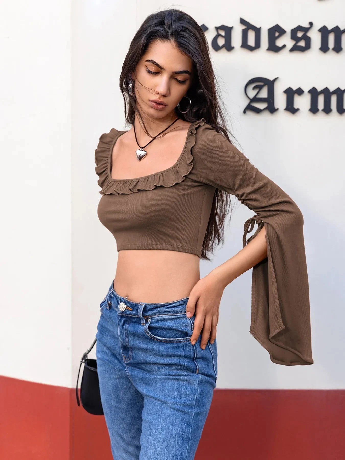 Ruffled Square Neck Long Sleeve Top