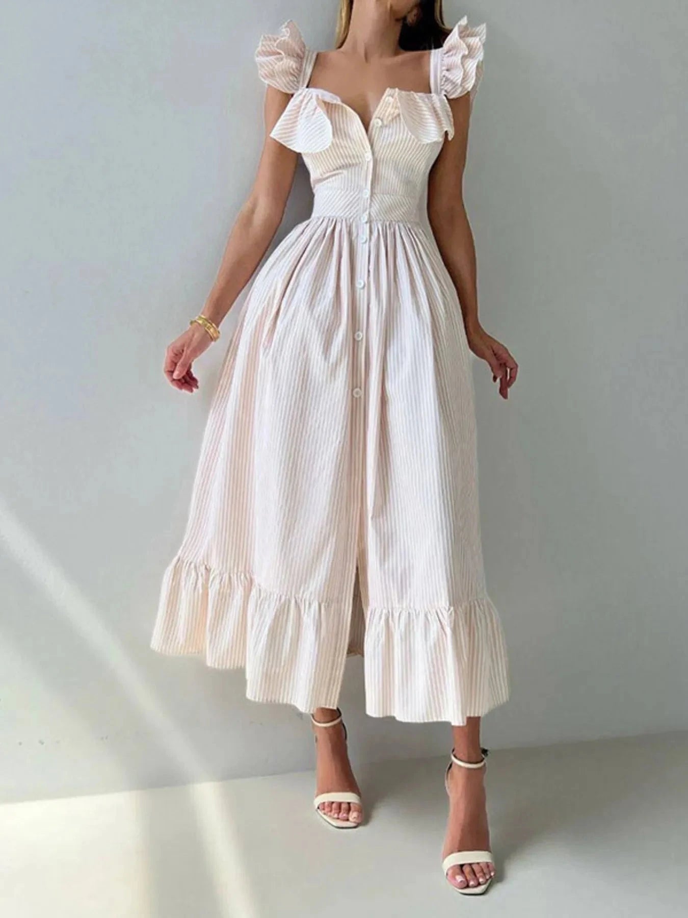 Ruffled Striped Square Neck Dress Blush Pink / S