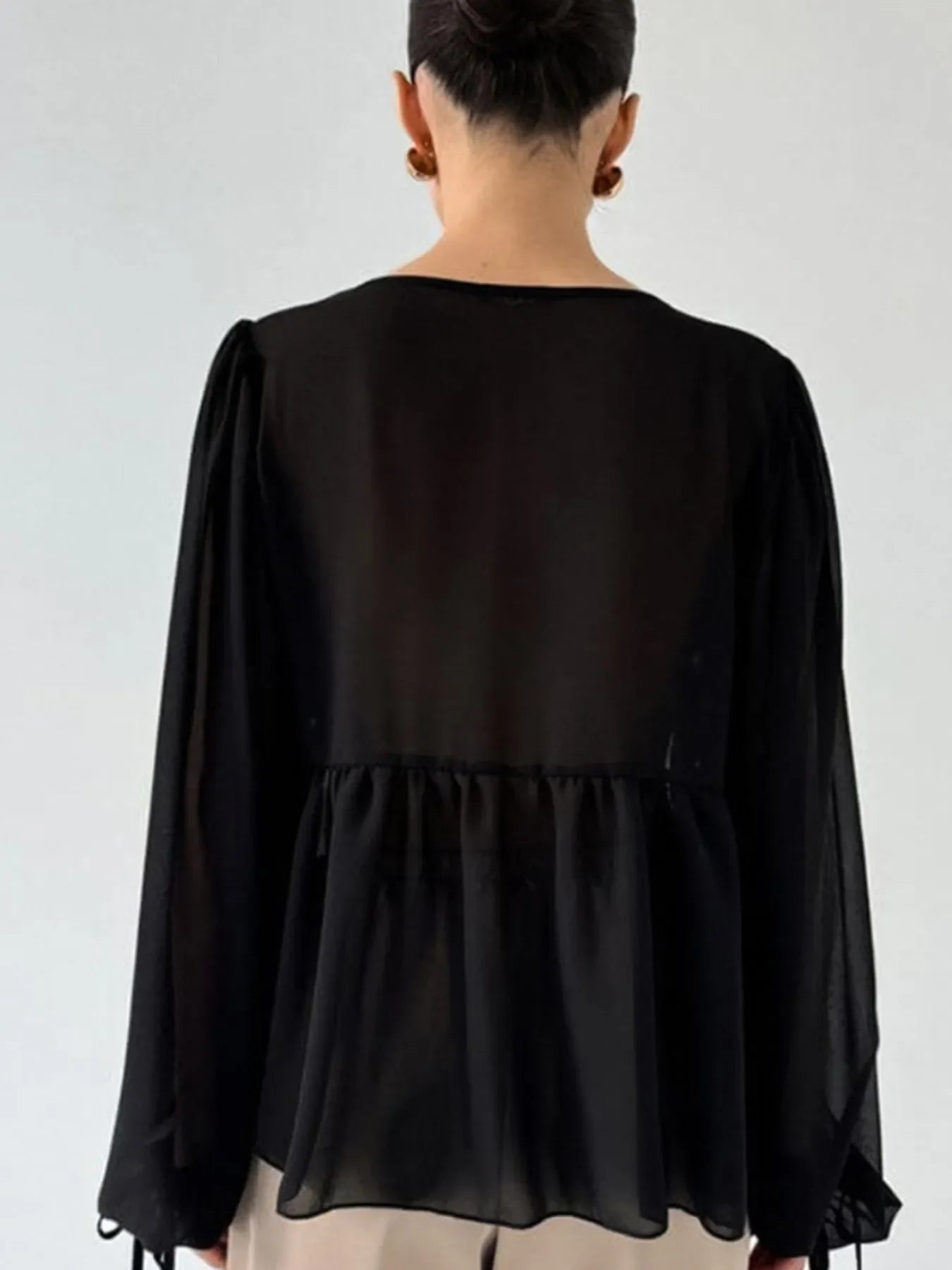 Ruffled Tie Front Long Sleeve Blouse