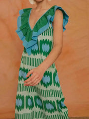 Ruffled V-Neck Printed Maxi Dress
