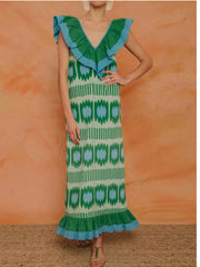 Ruffled V-Neck Printed Maxi Dress Turquoise / S