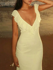 Ruffled V-Neck Sleeveless Maxi Dress