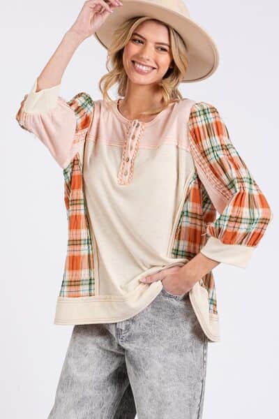 SAGE + FIG Exposed Seam Button Detail Plaid Top PINK / S