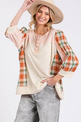 SAGE + FIG Exposed Seam Button Detail Plaid Top PINK / S