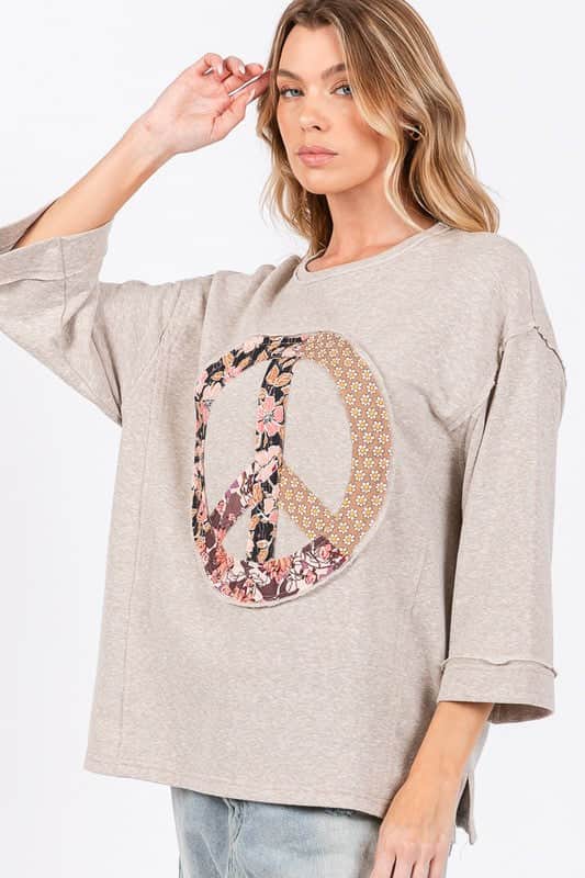 SAGE + FIG Floral Peace Patch Round Neck Top Oatmeal / S