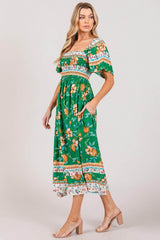SAGE + FIG Printed Smocked Short Sleeve Midi Dress