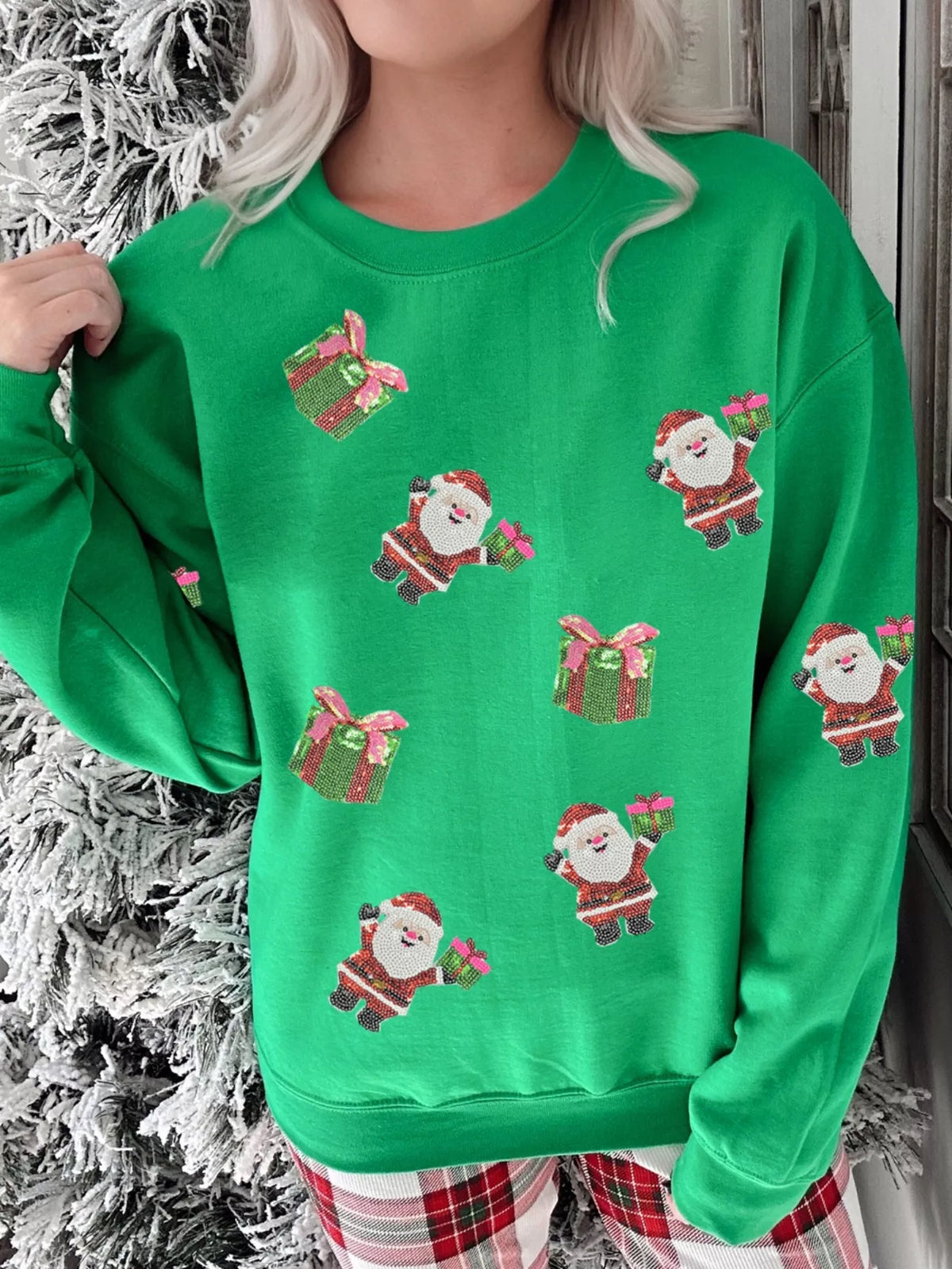 Santa Delivering Gifts Christmas Sequin Graphic Sweatshirt Green / S