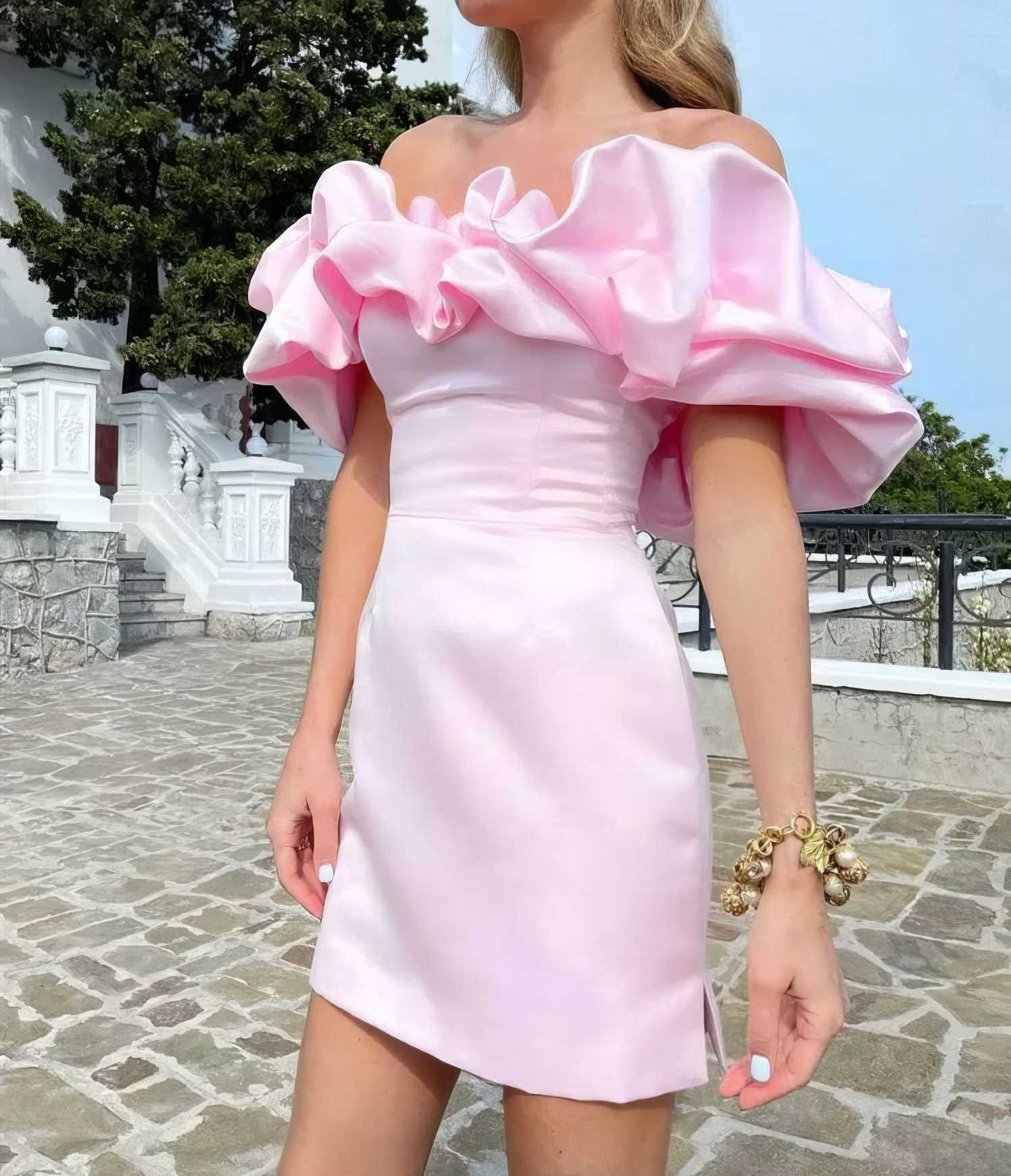 Satin A-line Ruffle Mini Dress XS / Pink
