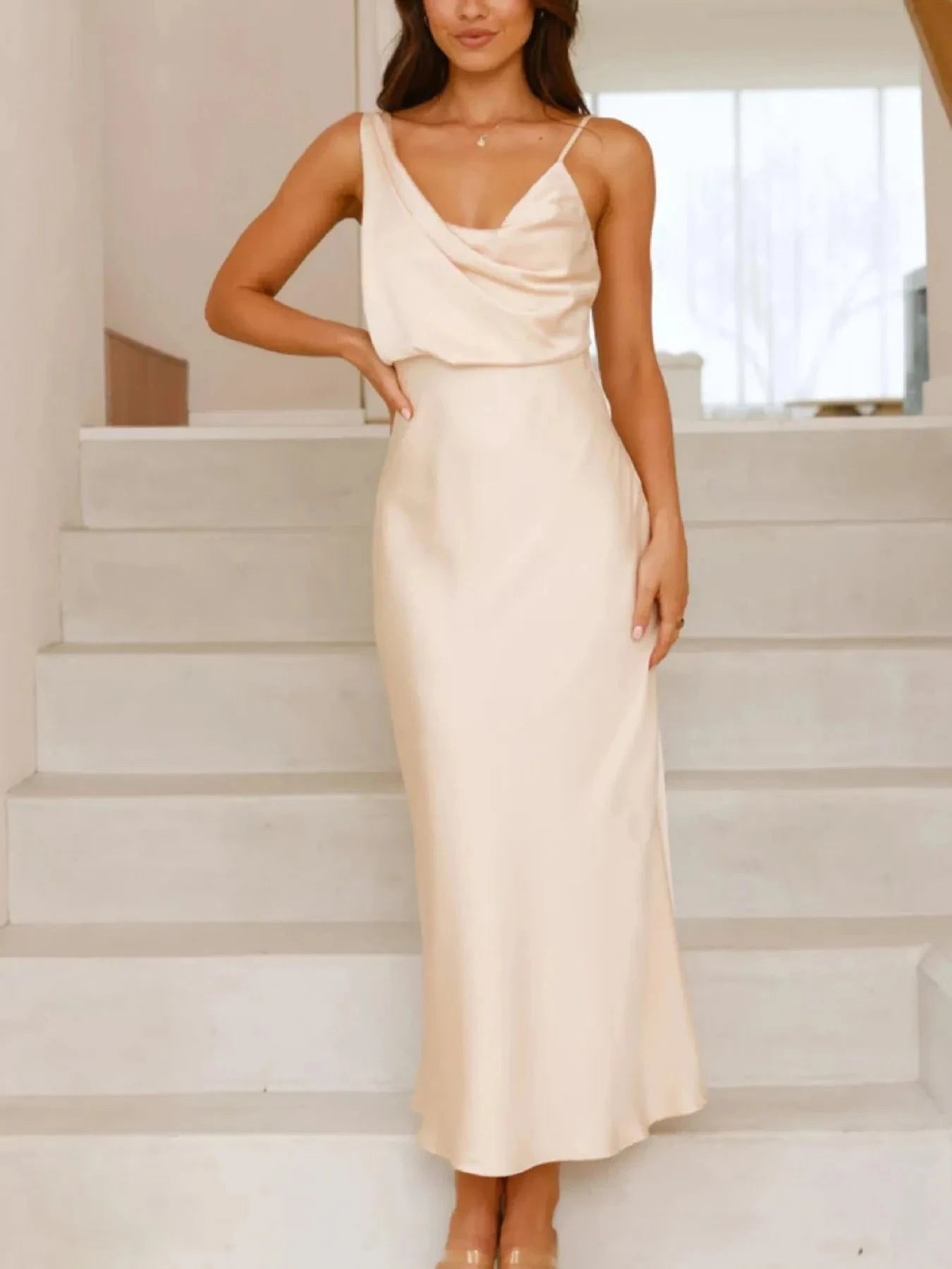 Satin Asymmetrical Midi Dress Off-white / S