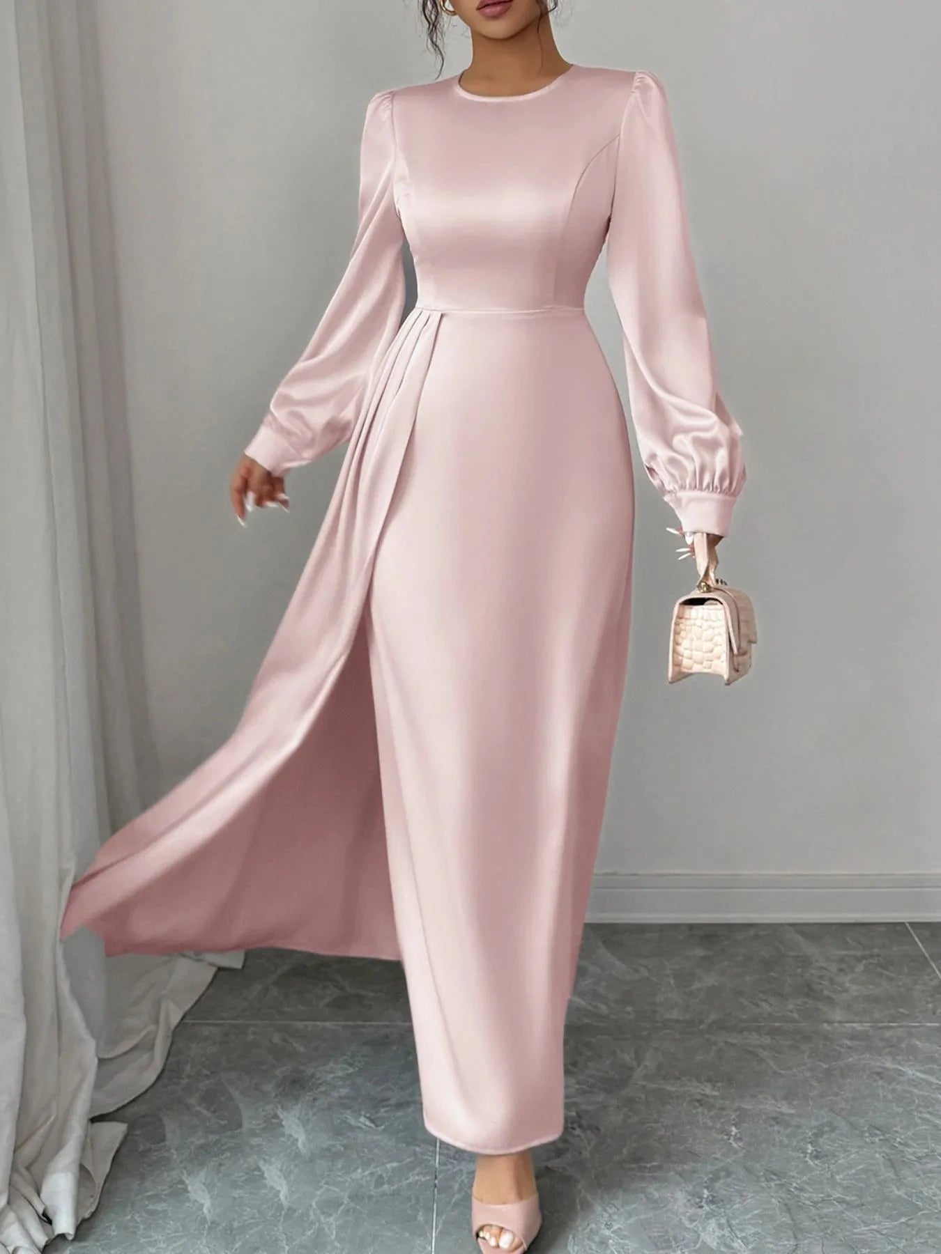 Satin Long Sleeve Maxi Dress Blush Pink / S
