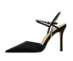 Satin Rhinestone Embellished Strap Stiletto Sandals EU 33 / Black / 9.5CM