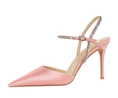 Satin Rhinestone Embellished Strap Stiletto Sandals EU 33 / Pink / 9.5CM