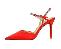 Satin Rhinestone Embellished Strap Stiletto Sandals EU 33 / Red / 9.5CM