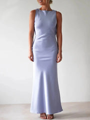 Satin Sleeveless Maxi Dress Blue / S