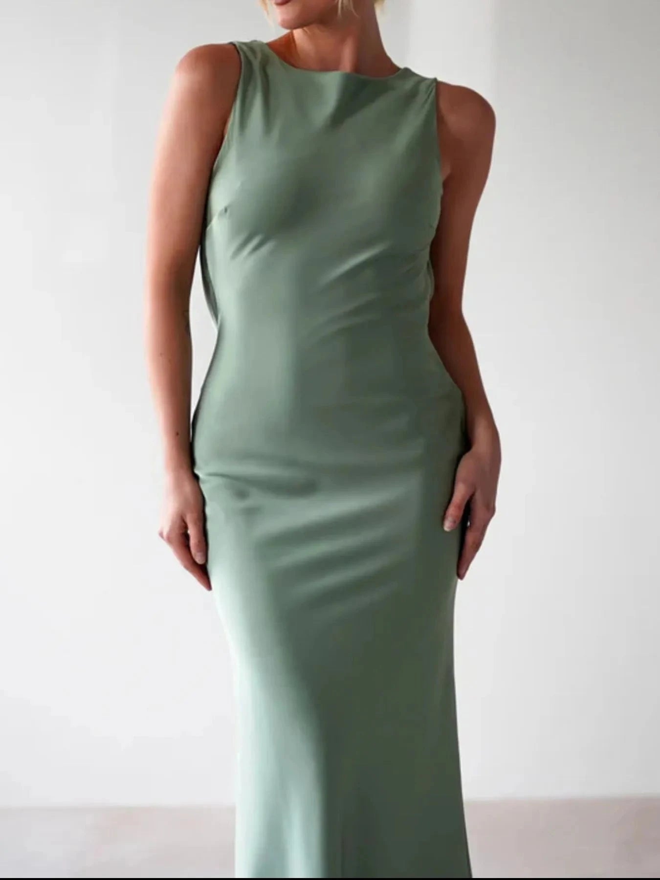 Satin Sleeveless Maxi Dress Green / S