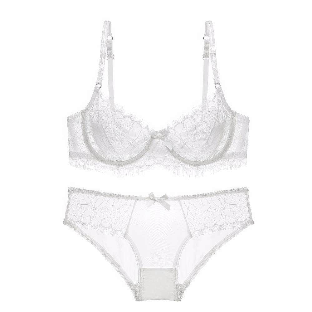 Scalloped Trimmed Floral Mesh Double Strap Panty Set 70A / Ivory
