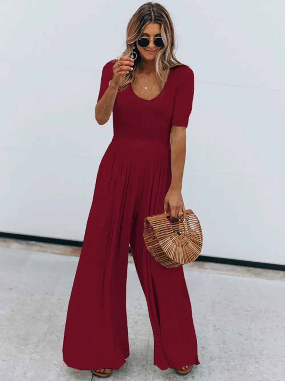 Scoop Neck Short Sleeve Jumpsuit Burgundy / S